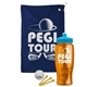 a navy blue towel & cyan lid & transparent orange bottle the tourney - golf kit