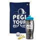 a navy blue towel & cyan lid & transparent smoke bottle the tourney - golf kit