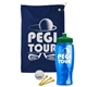 a navy blue towel & green lid & transparent blue bottle the tourney - golf kit