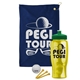 a navy blue towel & green lid & transparent yellow bottle the tourney - golf kit