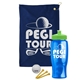 a navy blue towel & lime green lid & transparent blue bottle the tourney - golf kit