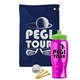 a navy blue towel & lime green lid & transparent pink bottle the tourney - golf kit