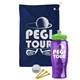 a navy blue towel & lime green lid & transparent violet bottle the tourney - golf kit