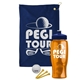 a navy blue towel & navy blue lid & transparent orange bottle the tourney - golf kit