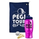 a navy blue towel & navy blue lid & transparent pink bottle the tourney - golf kit