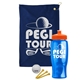 a navy blue towel & orange lid & transparent blue bottle the tourney - golf kit