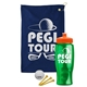 a navy blue towel & orange lid & transparent green bottle the tourney - golf kit