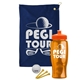 a navy blue towel & orange lid & transparent orange bottle the tourney - golf kit