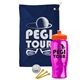 a navy blue towel & orange lid & transparent pink bottle the tourney - golf kit