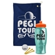 a navy blue towel & orange lid & transparent teal bottle the tourney - golf kit
