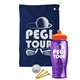 a navy blue towel & orange lid & transparent violet bottle the tourney - golf kit
