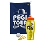 a navy blue towel & orange lid & transparent yellow bottle the tourney - golf kit