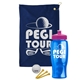 a navy blue towel & pink lid & transparent blue bottle the tourney - golf kit