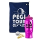 a navy blue towel & pink lid & transparent pink bottle the tourney - golf kit
