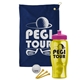 a navy blue towel & pink lid & transparent yellow bottle the tourney - golf kit