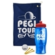 a navy blue towel & red lid & transparent blue bottle the tourney - golf kit