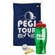 a navy blue towel & red lid & transparent green bottle the tourney - golf kit