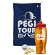 a navy blue towel & red lid & transparent orange bottle the tourney - golf kit