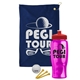 a navy blue towel & red lid & transparent pink bottle the tourney - golf kit