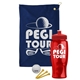 a navy blue towel & red lid & transparent red bottle the tourney - golf kit