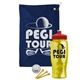 a navy blue towel & red lid & transparent yellow bottle the tourney - golf kit