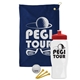 a navy blue towel & red lid & white bottle the tourney - golf kit