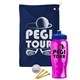 a navy blue towel & royal blue lid & transparent pink bottle the tourney - golf kit