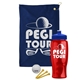 a navy blue towel & royal blue lid & transparent red bottle the tourney - golf kit