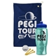a navy blue towel & royal blue lid & transparent teal bottle the tourney - golf kit