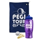 a navy blue towel & royal blue lid & transparent violet bottle the tourney - golf kit