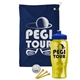 a navy blue towel & royal blue lid & transparent yellow bottle the tourney - golf kit
