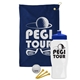 a navy blue towel & royal blue lid & white bottle the tourney - golf kit