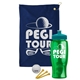 a navy blue towel & teal lid & transparent green bottle the tourney - golf kit