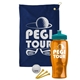 a navy blue towel & teal lid & transparent orange bottle the tourney - golf kit