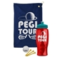 a navy blue towel & teal lid & transparent red bottle the tourney - golf kit
