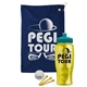 a navy blue towel & teal lid & transparent yellow bottle the tourney - golf kit