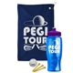 a navy blue towel & violet lid & transparent blue bottle the tourney - golf kit