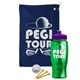 a navy blue towel & violet lid & transparent green bottle the tourney - golf kit