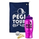 a navy blue towel & violet lid & transparent pink bottle the tourney - golf kit