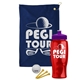 a navy blue towel & violet lid & transparent red bottle the tourney - golf kit