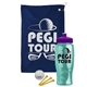 a navy blue towel & violet lid & transparent teal bottle the tourney - golf kit