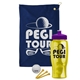 a navy blue towel & violet lid & transparent yellow bottle the tourney - golf kit