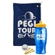 a navy blue towel & yellow lid & transparent blue bottle the tourney - golf kit