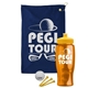 a navy blue towel & yellow lid & transparent orange bottle the tourney - golf kit