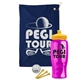 a navy blue towel & yellow lid & transparent pink bottle the tourney - golf kit