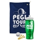a navy blue towel & white lid & transparent green bottle the tourney - golf kit