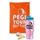 a orange towel & cyan lid & transparent pink bottle the tourney - golf kit