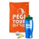 a orange towel & green lid & transparent blue bottle the tourney - golf kit