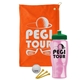 a orange towel & green lid & transparent pink bottle the tourney - golf kit