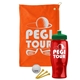 a orange towel & green lid & transparent red bottle the tourney - golf kit